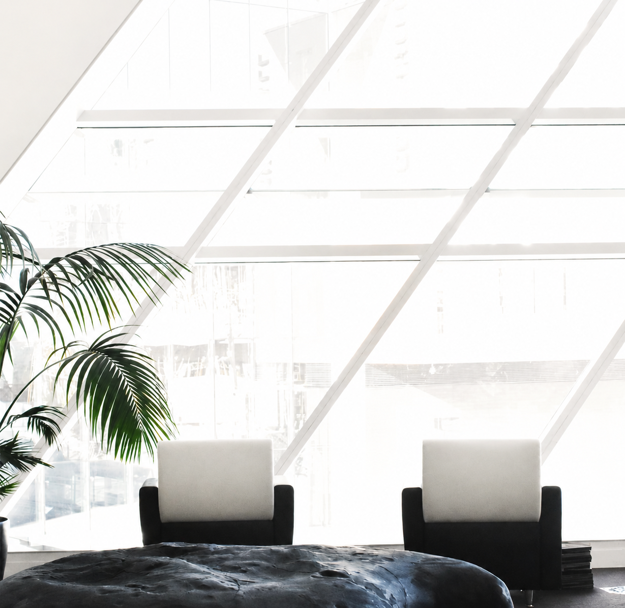 Bright glass atrium with chairs and tropical plant